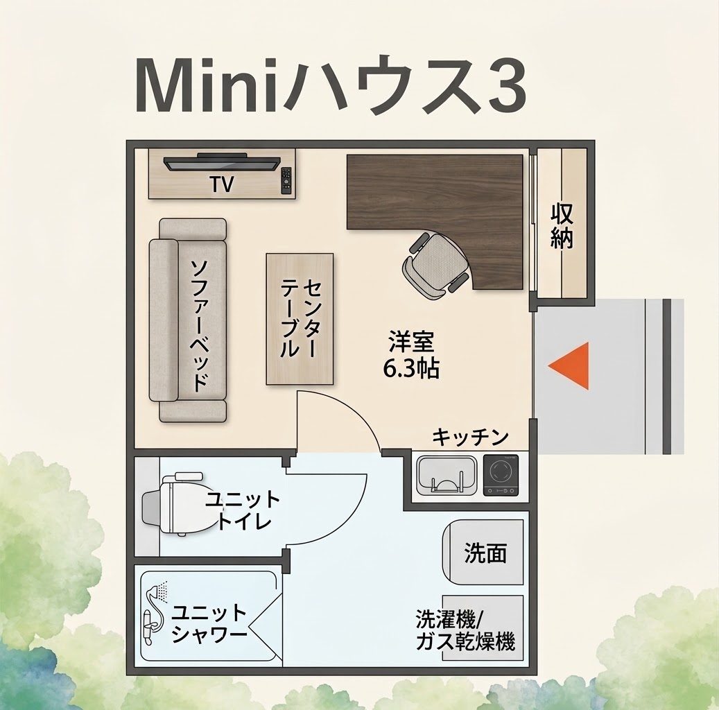 miniハウス3の間取り図(洋室6.3帖・ソファーベッド・ユニットバス)